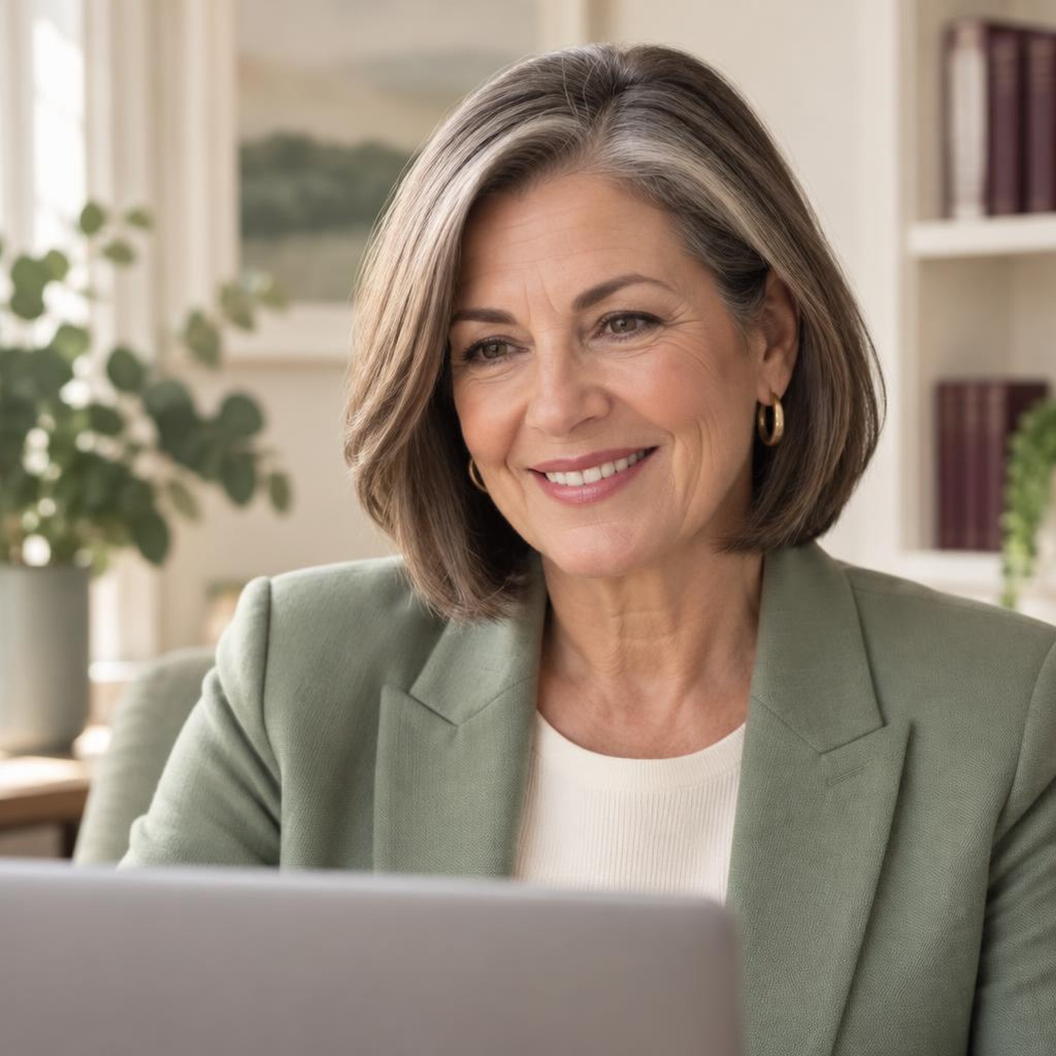 Experienced coach smiling at her laptop during an online client session