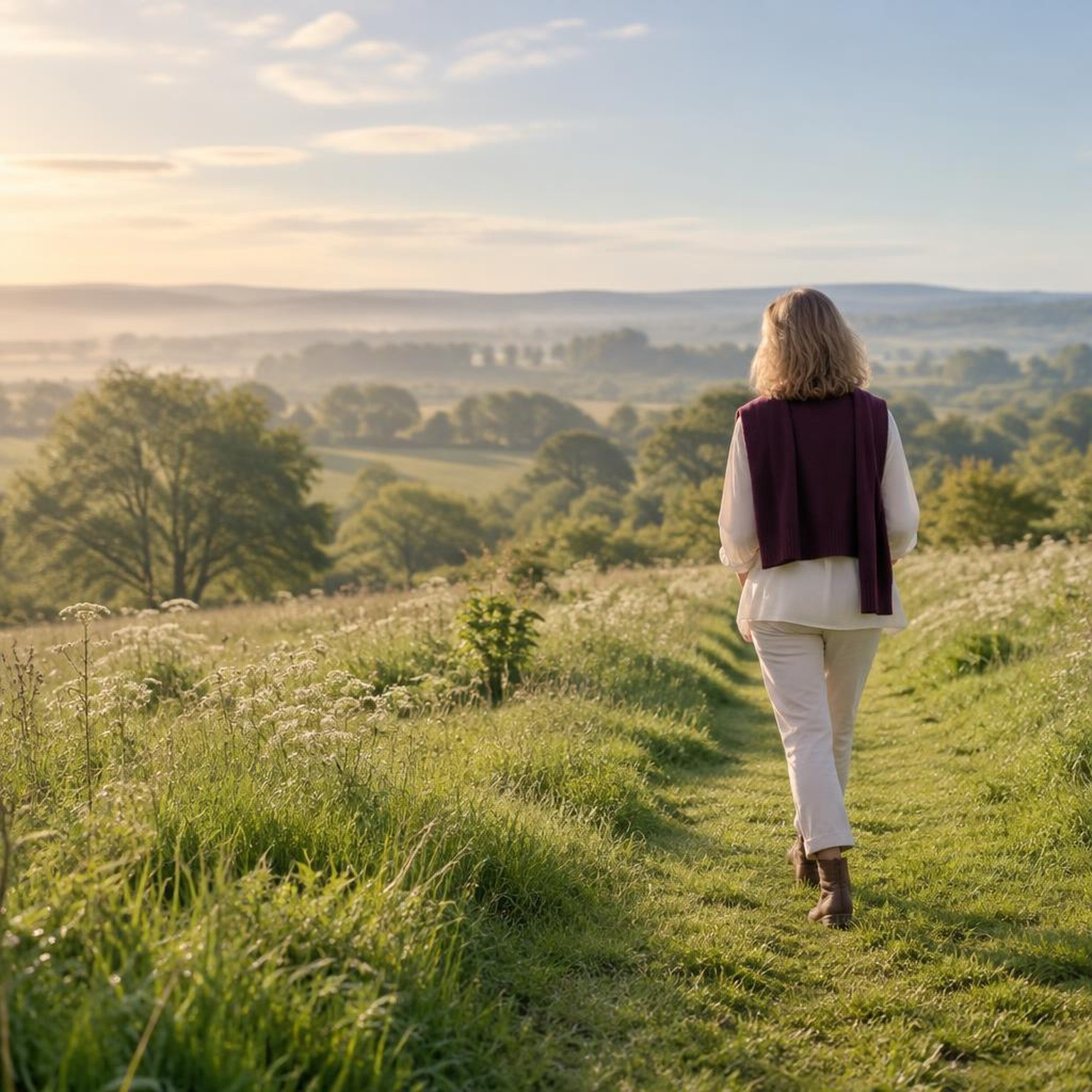 Woman walking through sunlit countryside, reflecting the freedom behind a well-supported business